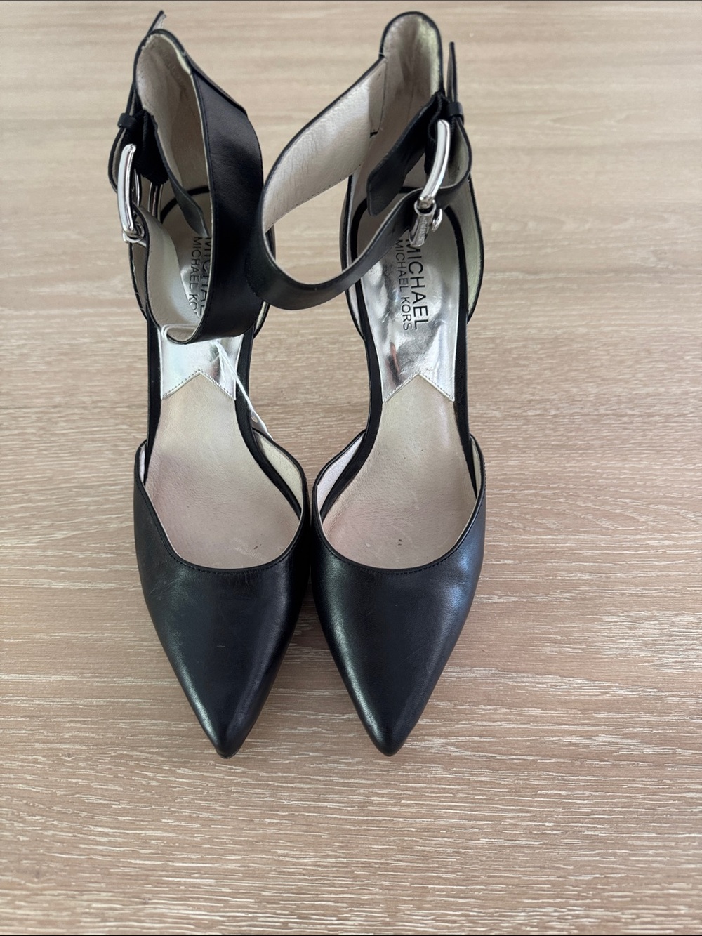 MICHAEL Michael Kors Black Pointed-Toe Ankle-Strap Pumps with Silver Buckle